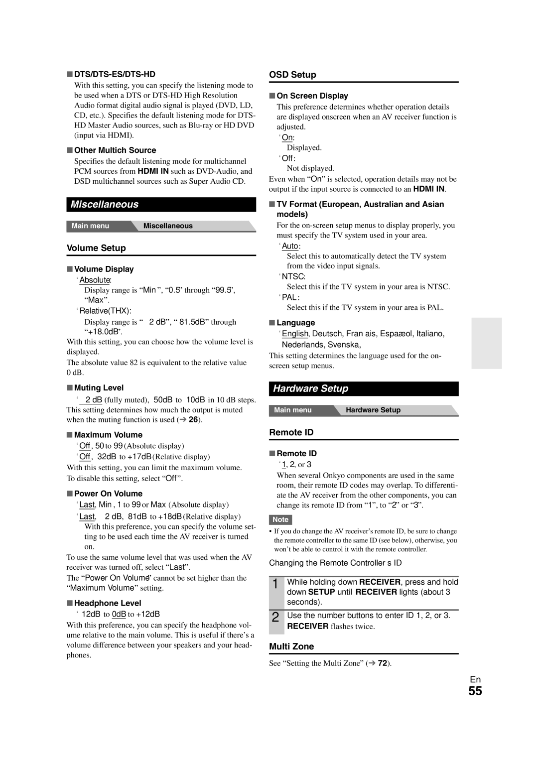 Onkyo TX-NR808 instruction manual Miscellaneous, Hardware Setup 