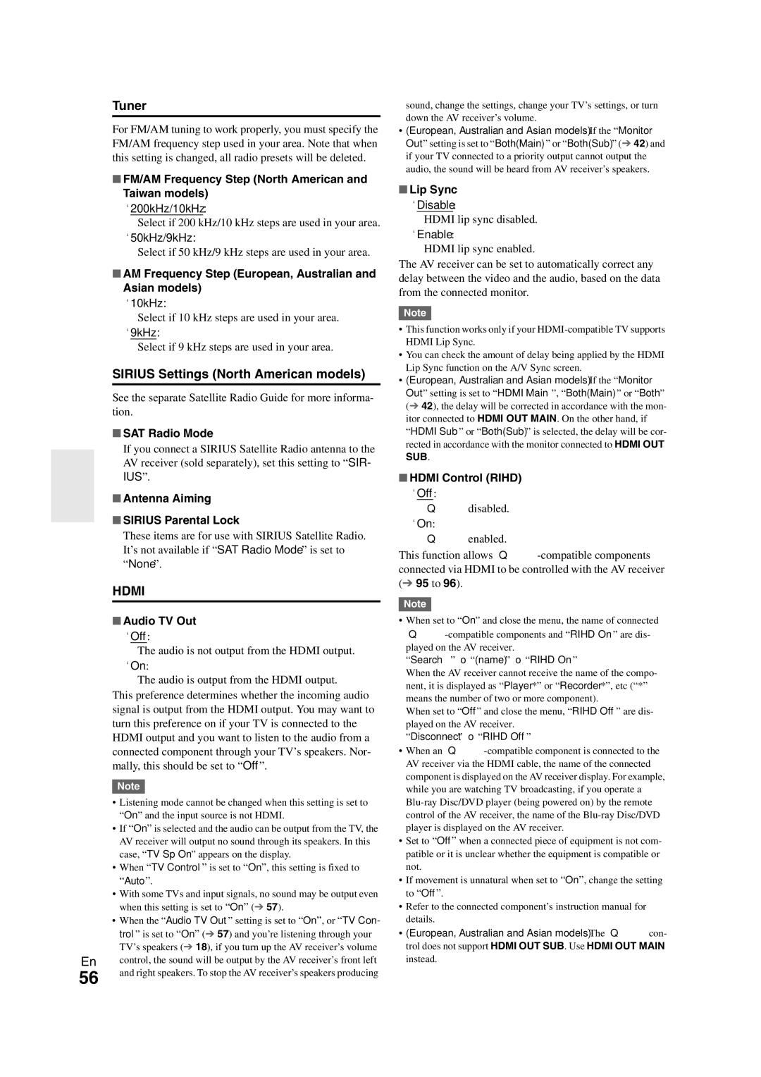 Onkyo TX-NR808 instruction manual Tuner, Sirius Settings North American models 