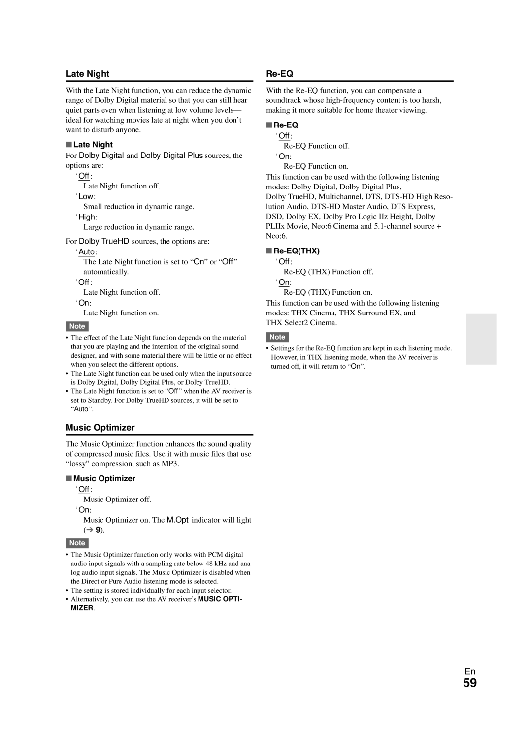 Onkyo TX-NR808 instruction manual Late Night, Re-EQ, Music Optimizer 