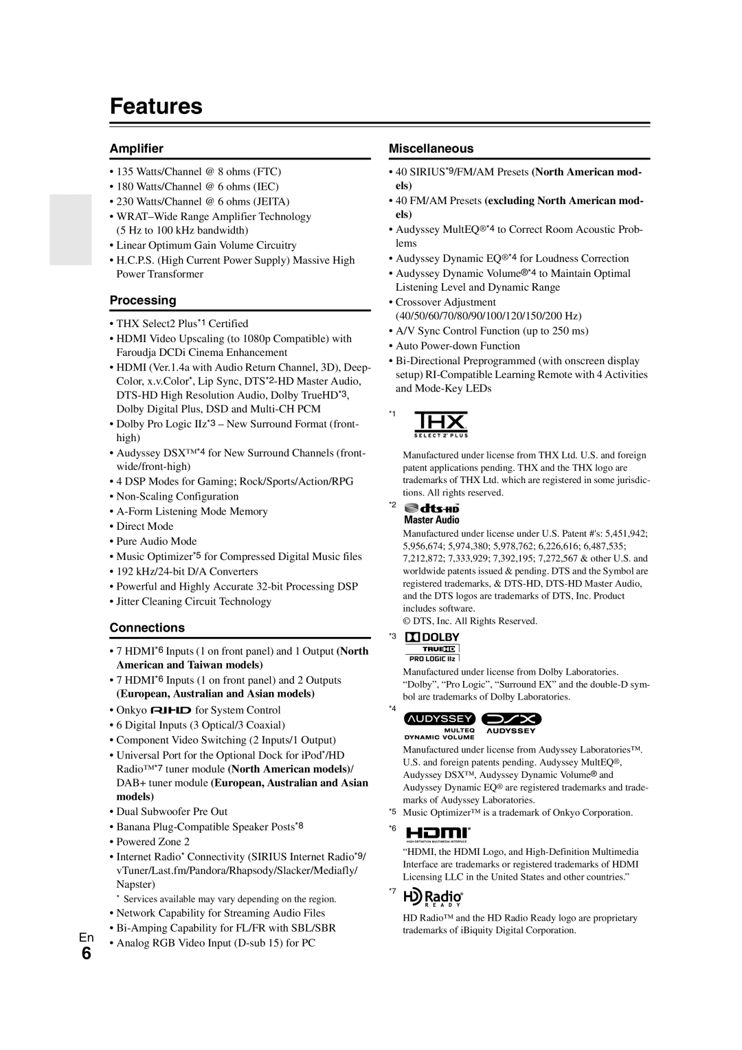 Onkyo TX-NR808 instruction manual Features, Amplifier, Processing, Miscellaneous 