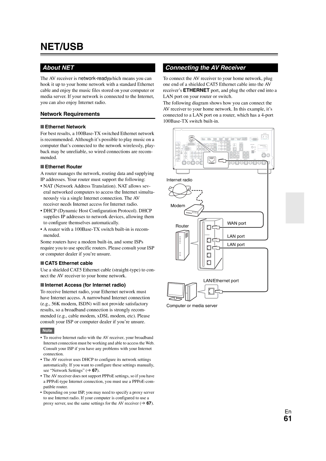 Onkyo TX-NR808 instruction manual About NET, Connecting the AV Receiver, Network Requirements 