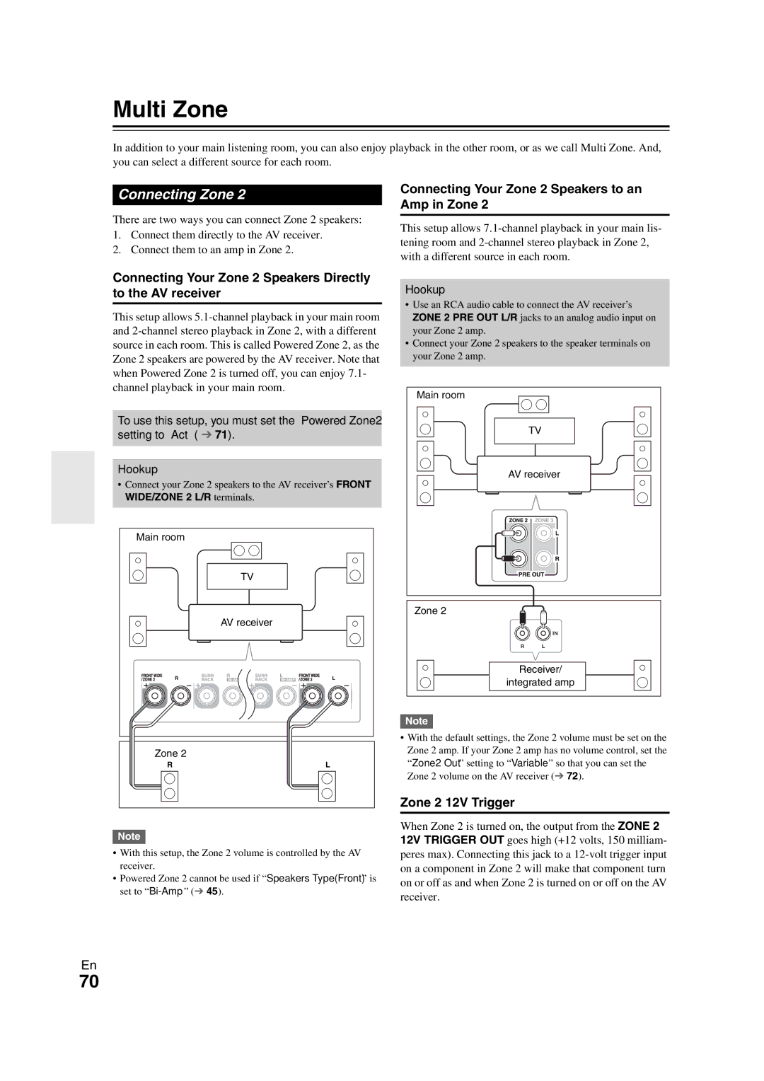 Onkyo TX-NR808 instruction manual Multi Zone, Connecting Zone, Connecting Your Zone 2 Speakers Directly to the AV receiver 