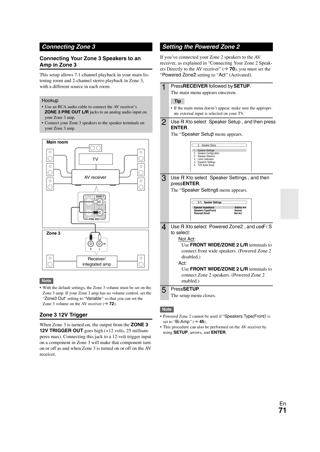 Onkyo TX-NR808 Connecting Zone Setting the Powered Zone, Connecting Your Zone 3 Speakers to an Amp in Zone 