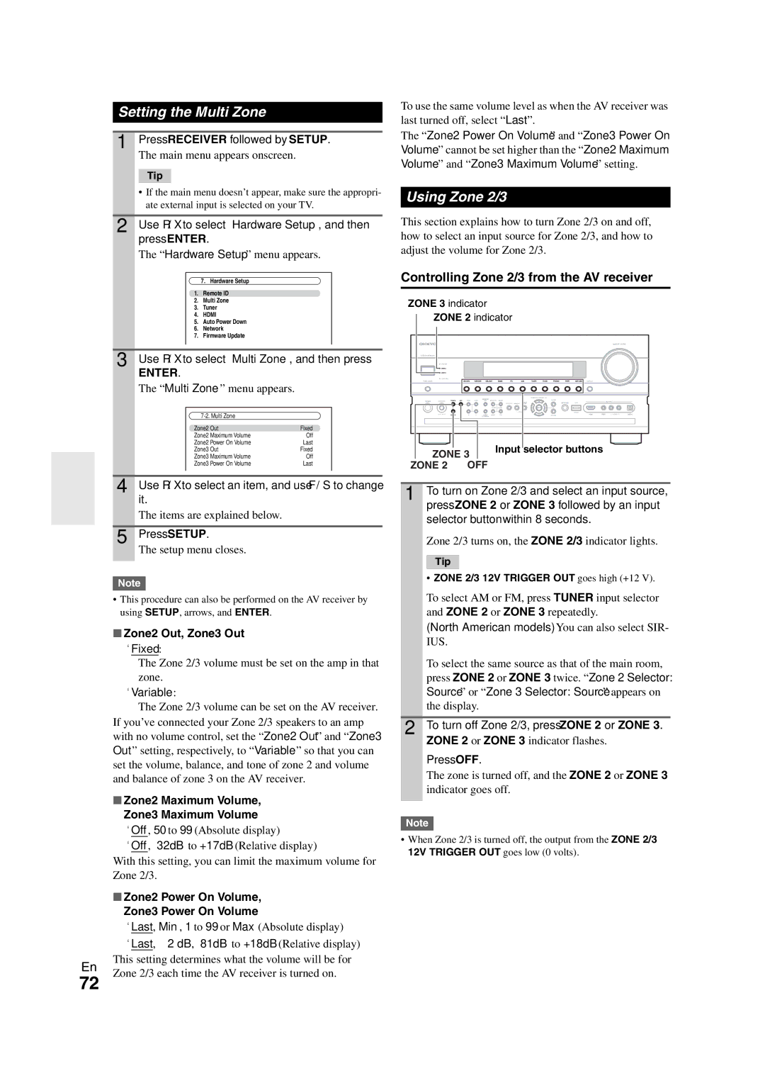 Onkyo TX-NR808 instruction manual Setting the Multi Zone, Using Zone 2/3, Controlling Zone 2/3 from the AV receiver 