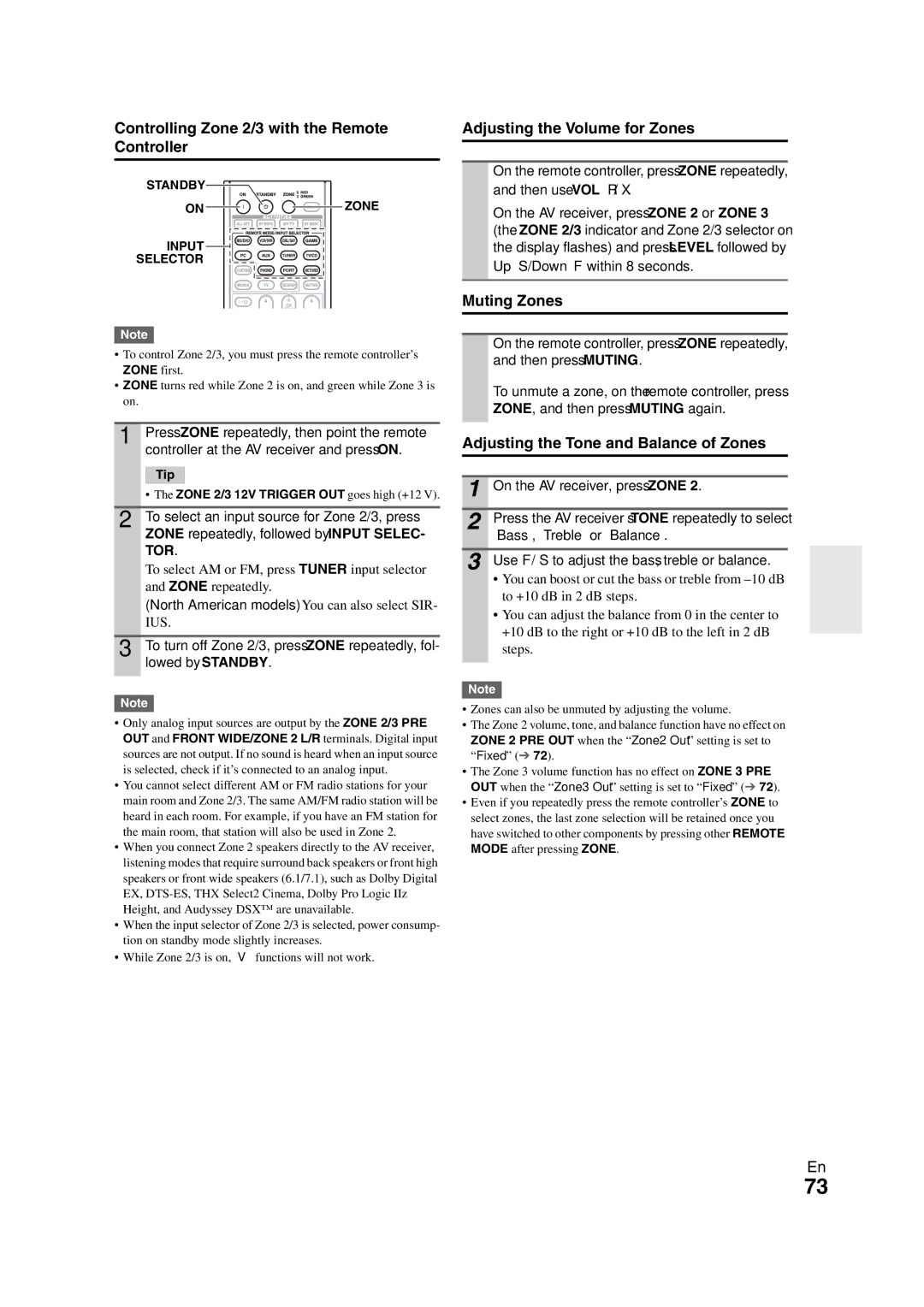 Onkyo TX-NR808 Controlling Zone 2/3 with the Remote Controller, Adjusting the Volume for Zones, Muting Zones, Tor 