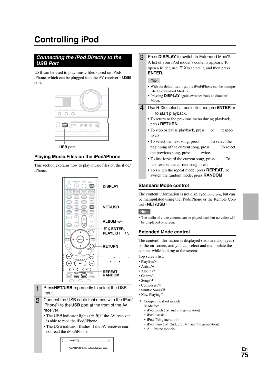 Onkyo TX-NR808 Playing Music Files on the iPod/iPhone, Standard Mode control, Extended Mode control, Top screen list 