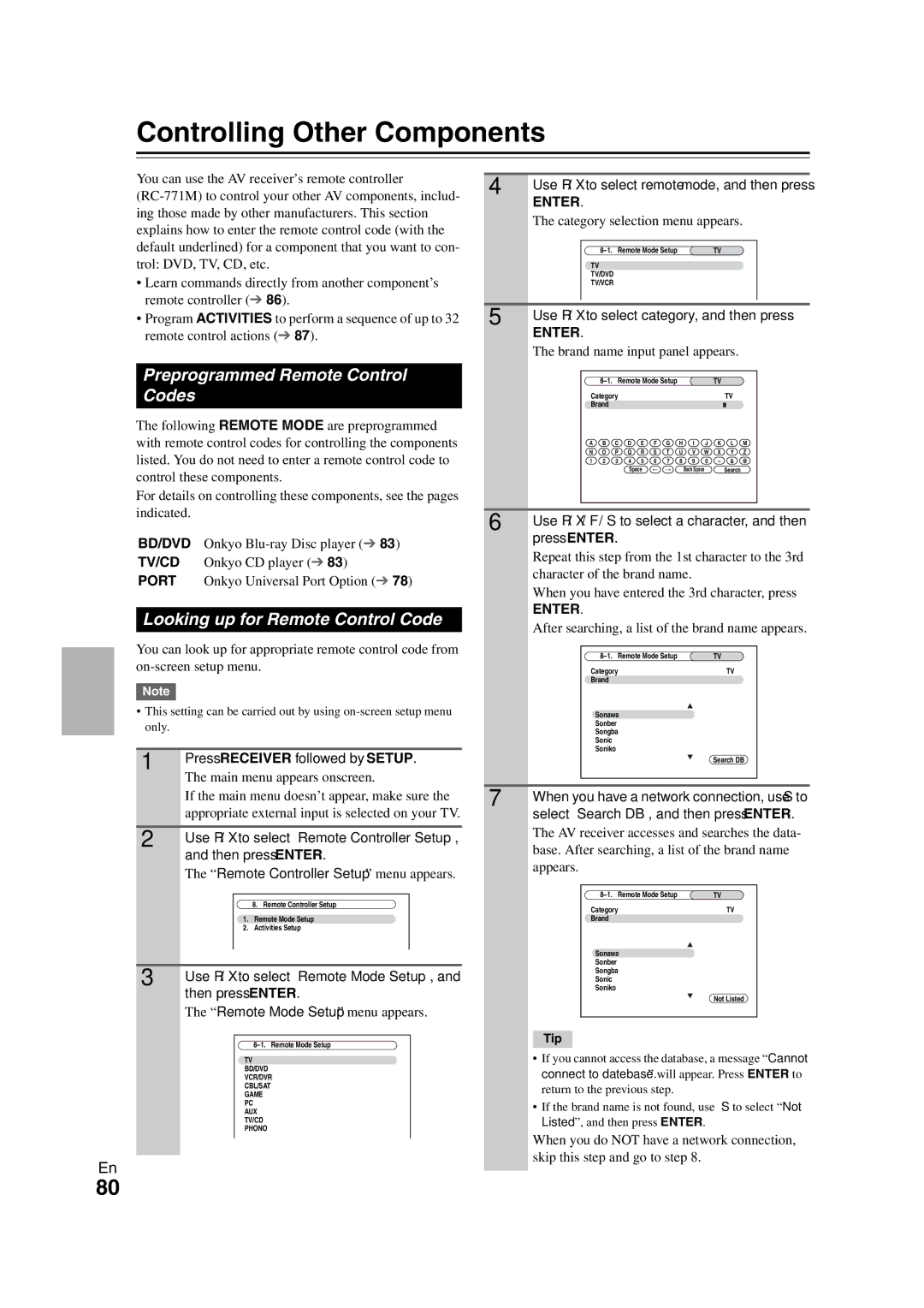 Onkyo TX-NR808 Controlling Other Components, Preprogrammed Remote Control Codes, Looking up for Remote Control Code 