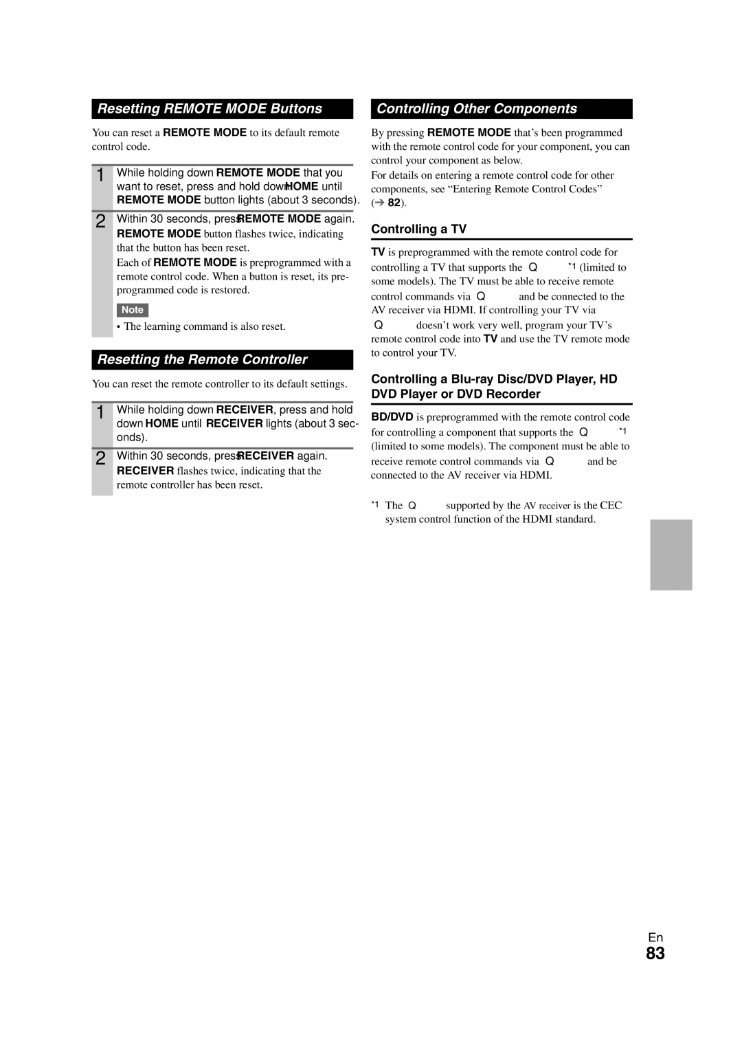 Onkyo TX-NR808 Resetting Remote Mode Buttons, Resetting the Remote Controller, Controlling Other Components 