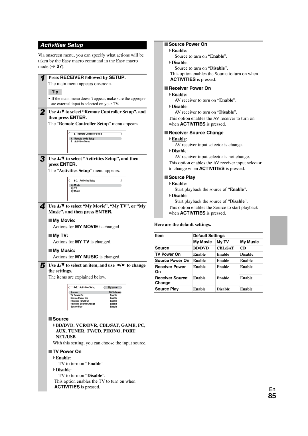 Onkyo TX-NR808 instruction manual Activities Setup 