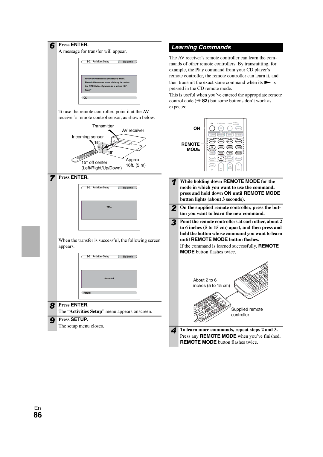 Onkyo TX-NR808 Learning Commands, Message for transfer will appear, To learn more commands, repeat steps 2 