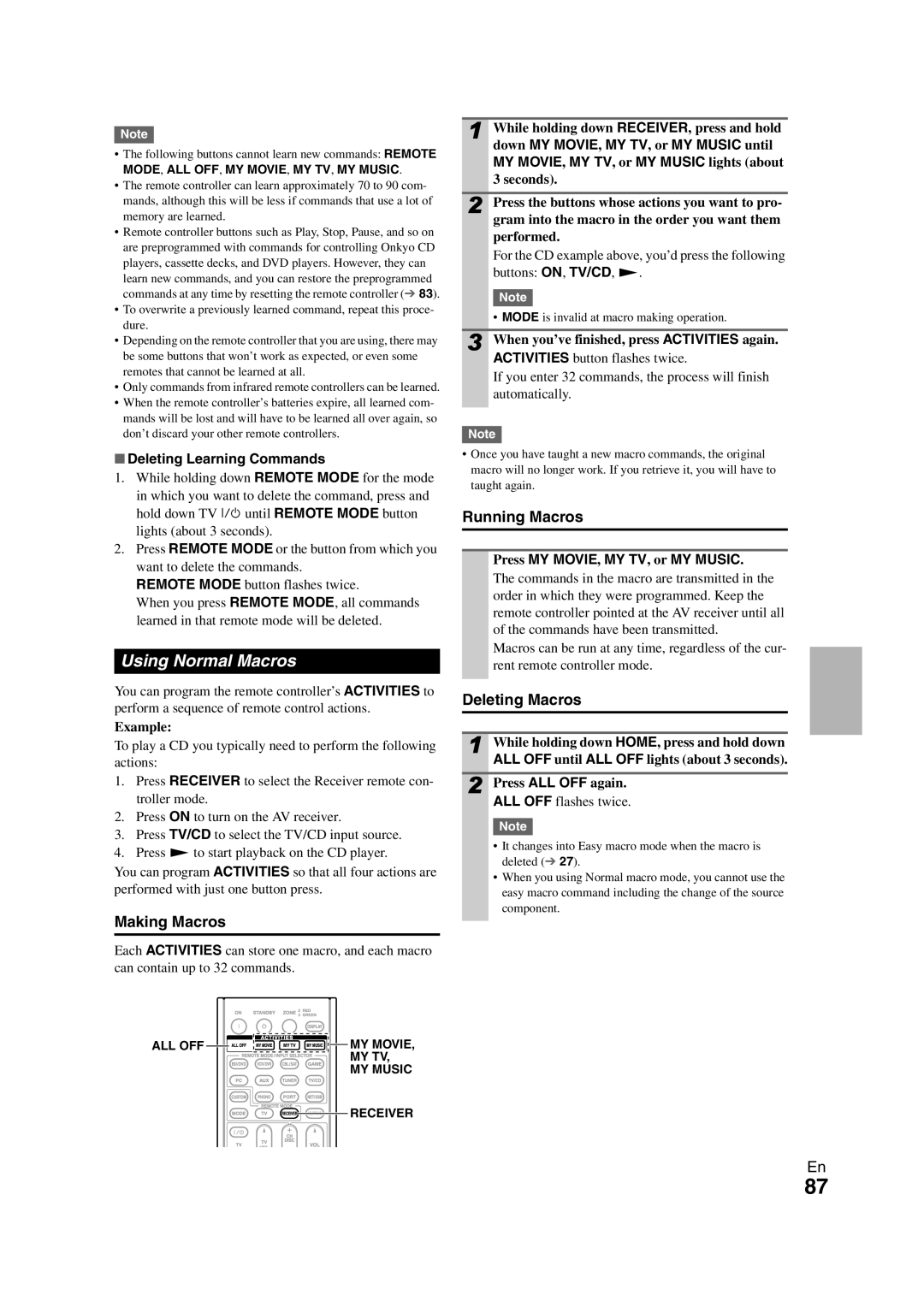 Onkyo TX-NR808 Using Normal Macros, Making Macros, Running Macros, Deleting Macros, Deleting Learning Commands 