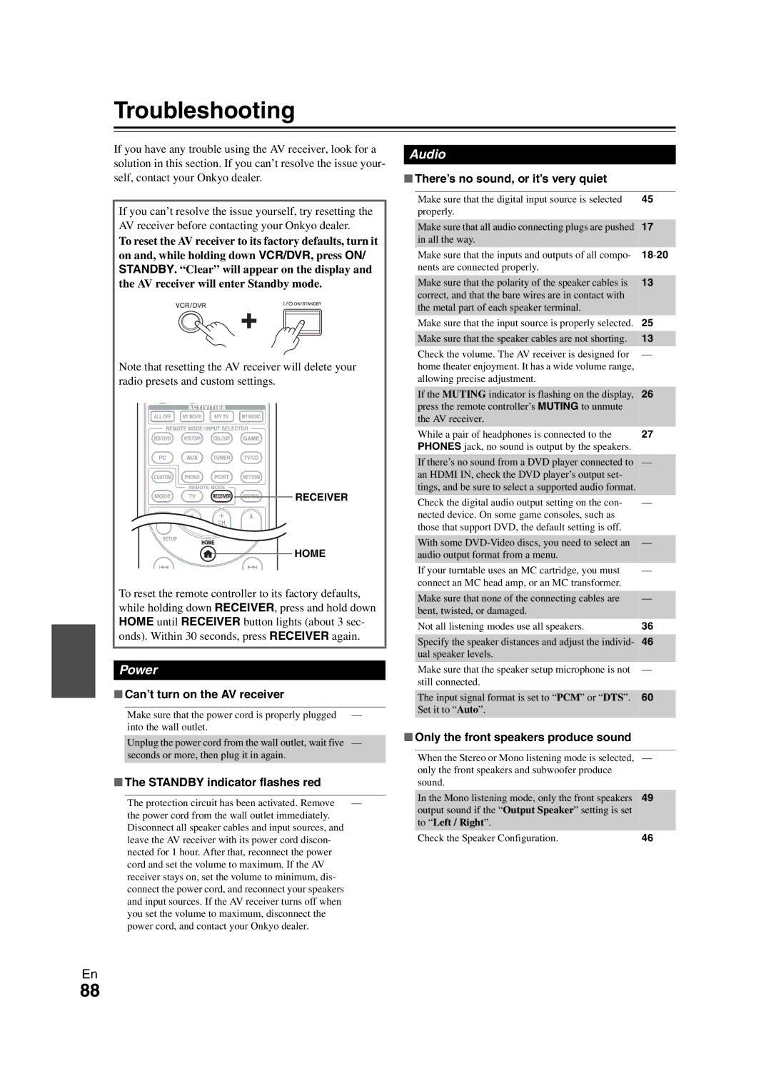 Onkyo TX-NR808 instruction manual Troubleshooting, There’s no sound, or it’s very quiet, Can’t turn on the AV receiver 