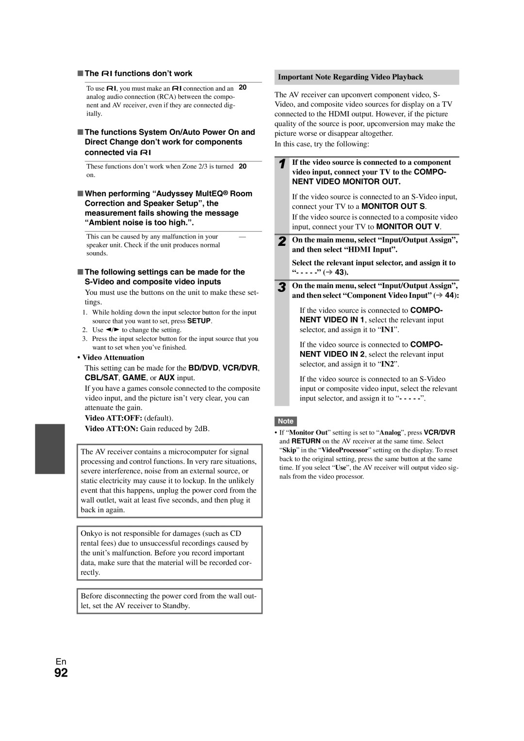 Onkyo TX-NR808 instruction manual Ufunctions don’t work, CBL/SAT, GAME, or AUX input, Nent Video Monitor OUT 