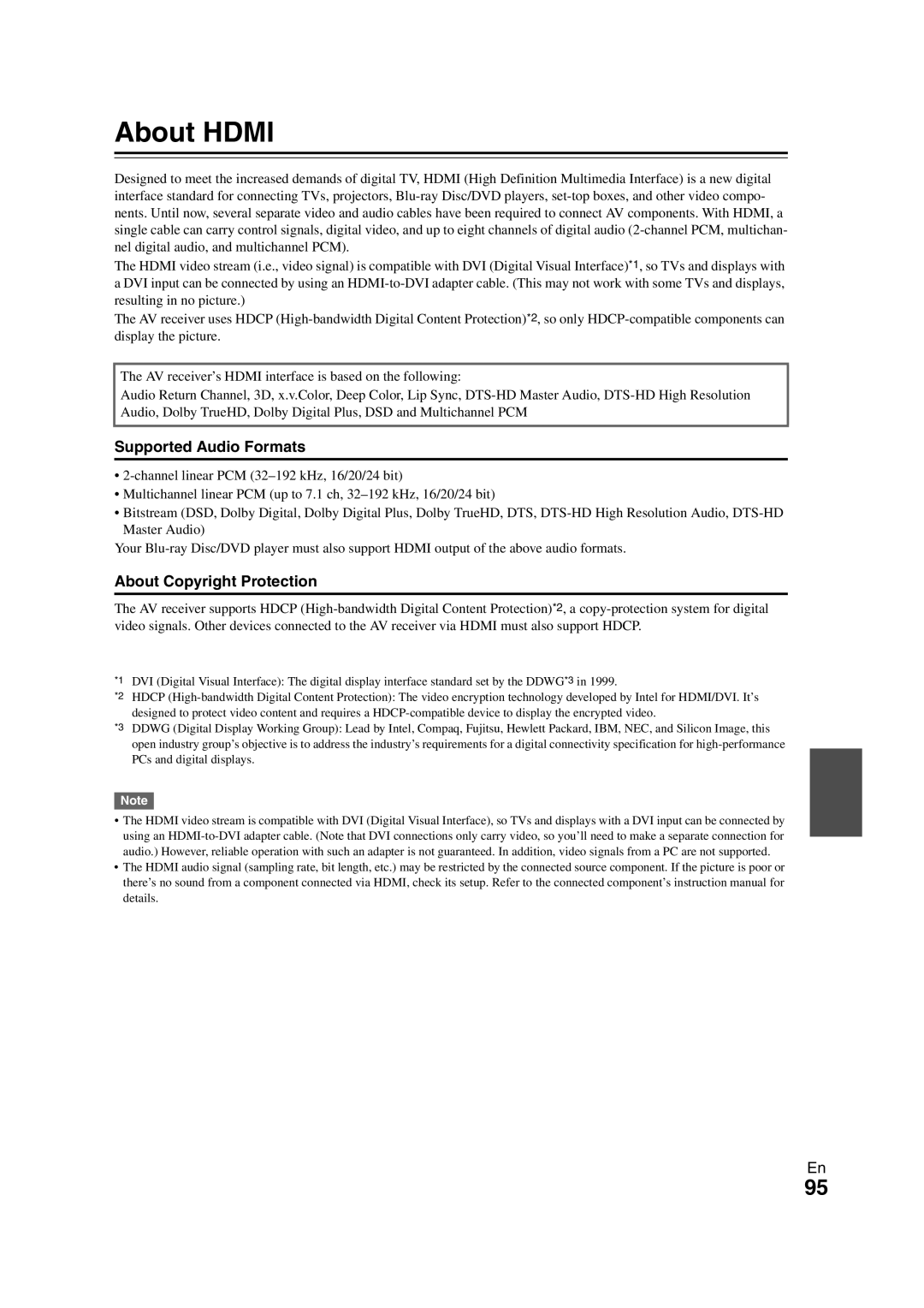 Onkyo TX-NR808 instruction manual About Hdmi, Supported Audio Formats, About Copyright Protection 