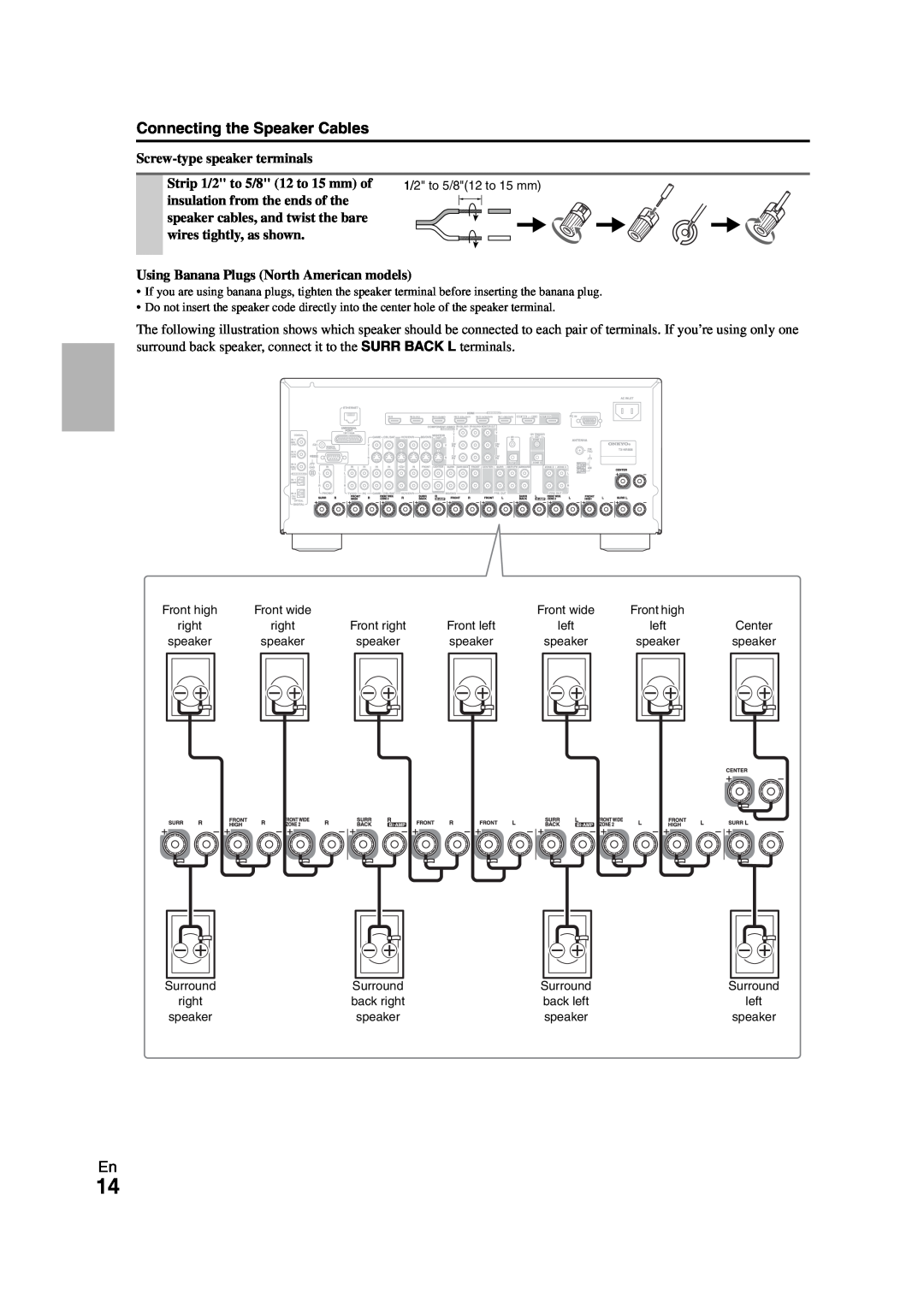 Onkyo TX-NR808 Connecting the Speaker Cables, Screw-typespeaker terminals, Strip 1/2 to 5/8 12 to 15 mm of 