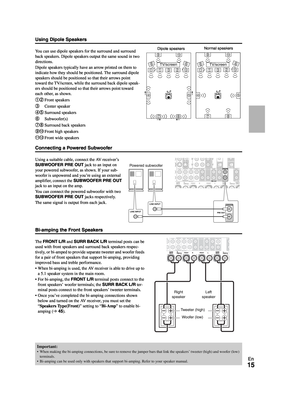Onkyo TX-NR808 instruction manual Using Dipole Speakers, Connecting a Powered Subwoofer, Bi-ampingthe Front Speakers 