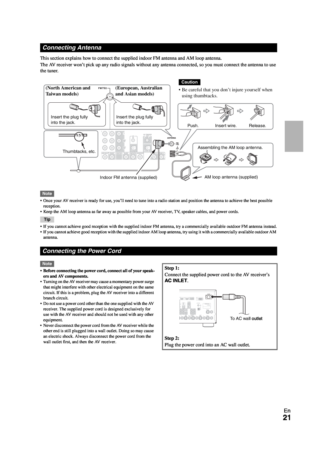 Onkyo TX-NR808 instruction manual Connecting Antenna, Connecting the Power Cord, Ac Inlet 