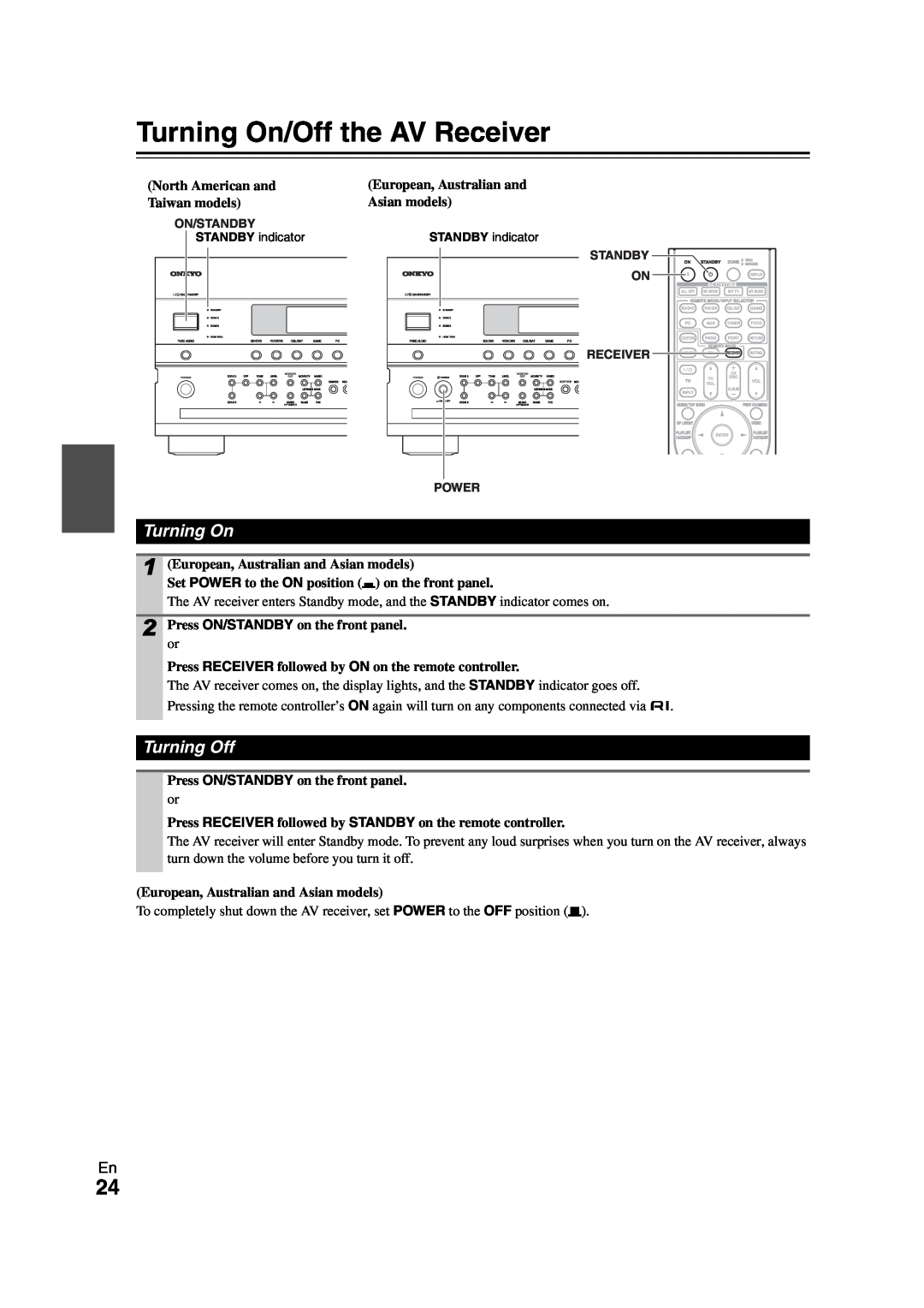 Onkyo TX-NR808 instruction manual Turning On/Off the AV Receiver, Turning Off 