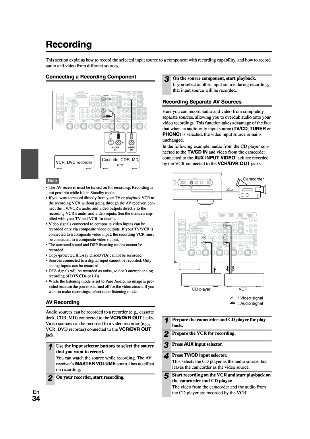 Onkyo TX-NR808 instruction manual Connecting a Recording Component, Recording Separate AV Sources, AV Recording 