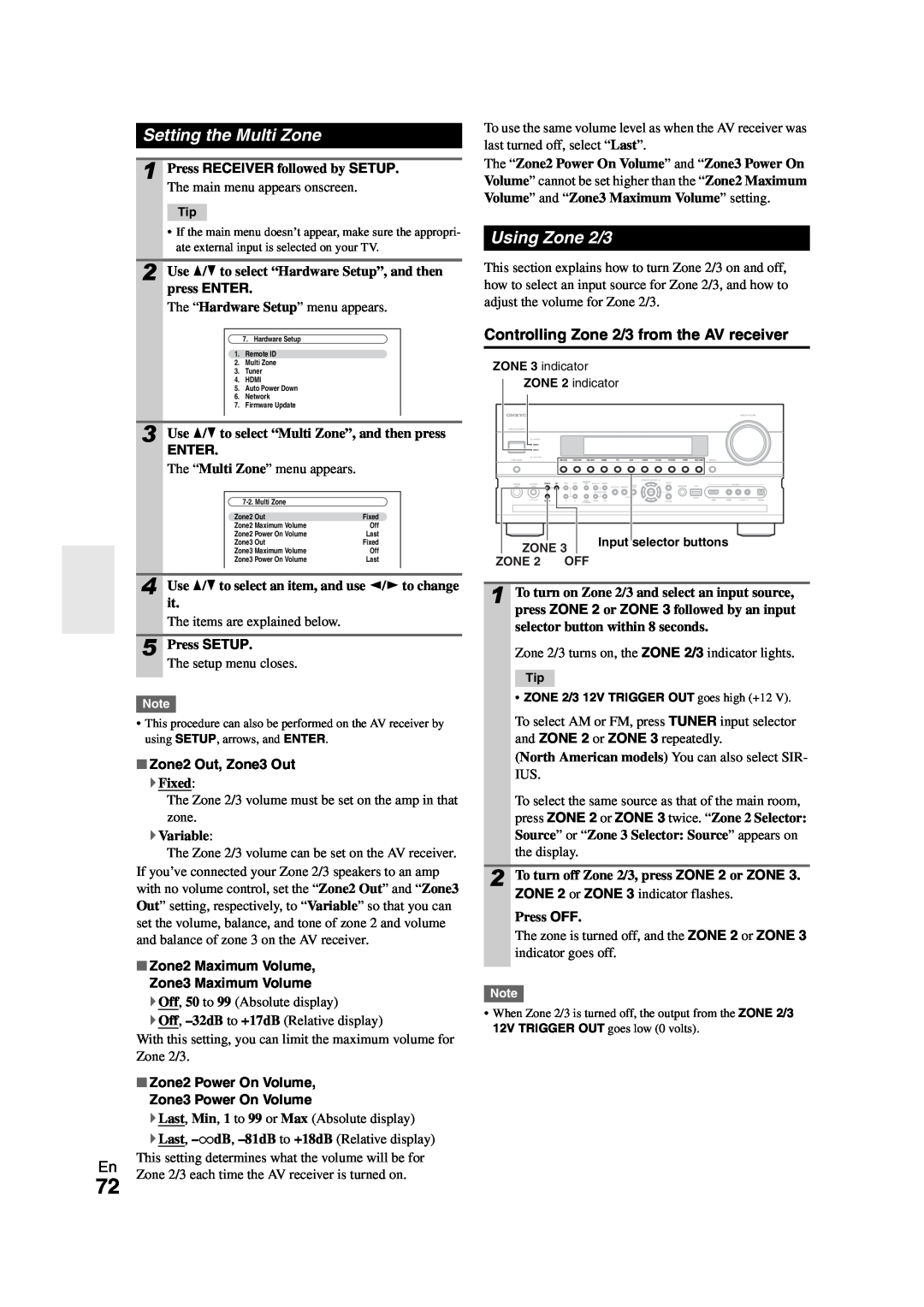 Onkyo TX-NR808 instruction manual Setting the Multi Zone, Using Zone 2/3, Controlling Zone 2/3 from the AV receiver, Enter 