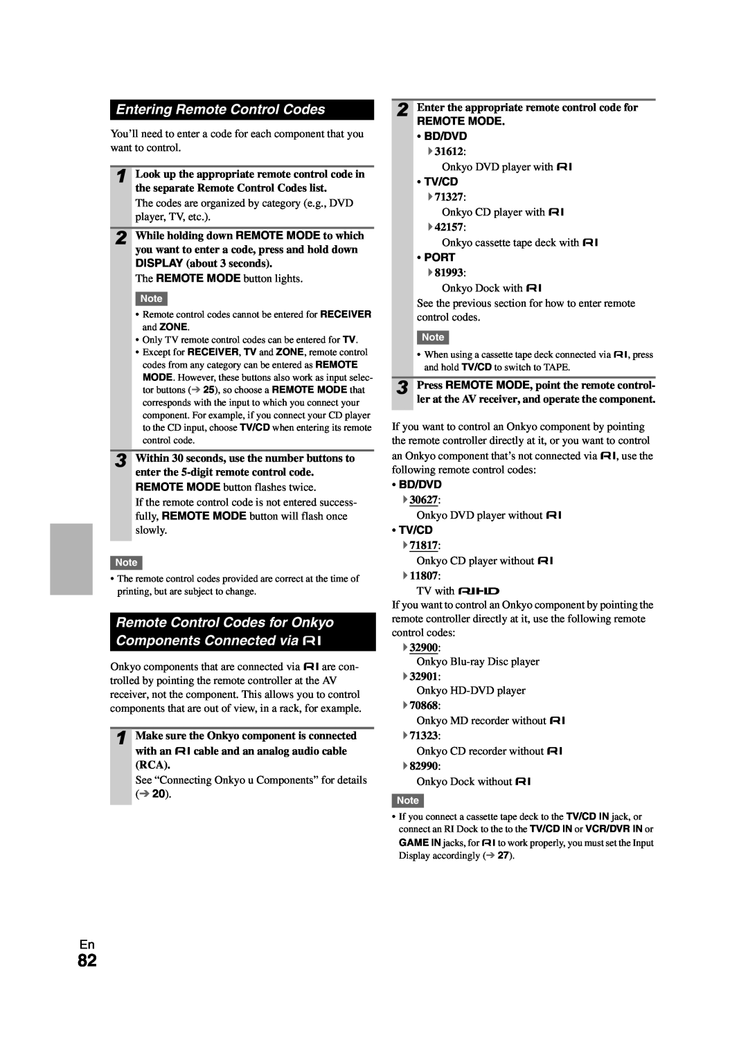Onkyo TX-NR808 instruction manual Entering Remote Control Codes, Remote Mode •Bd/Dvd, •Tv/Cd, •Port 