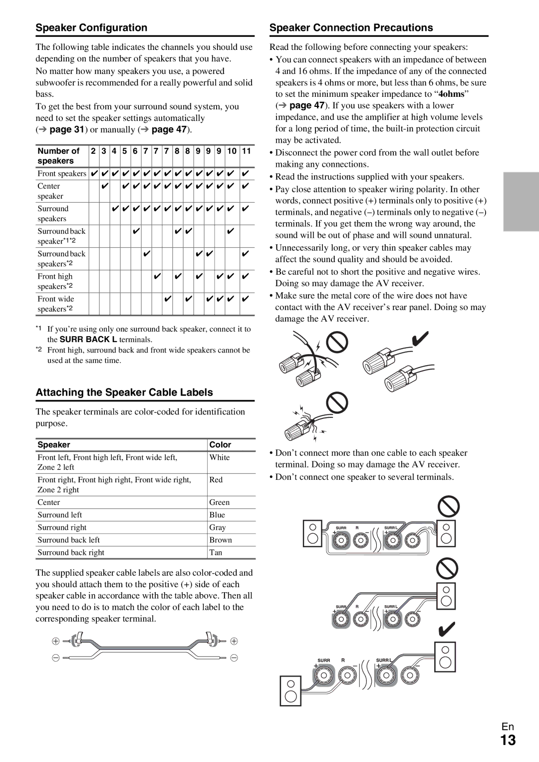 Onkyo TX-NR809 Speaker Configuration, Speaker Connection Precautions, Attaching the Speaker Cable Labels, Number Speakers 