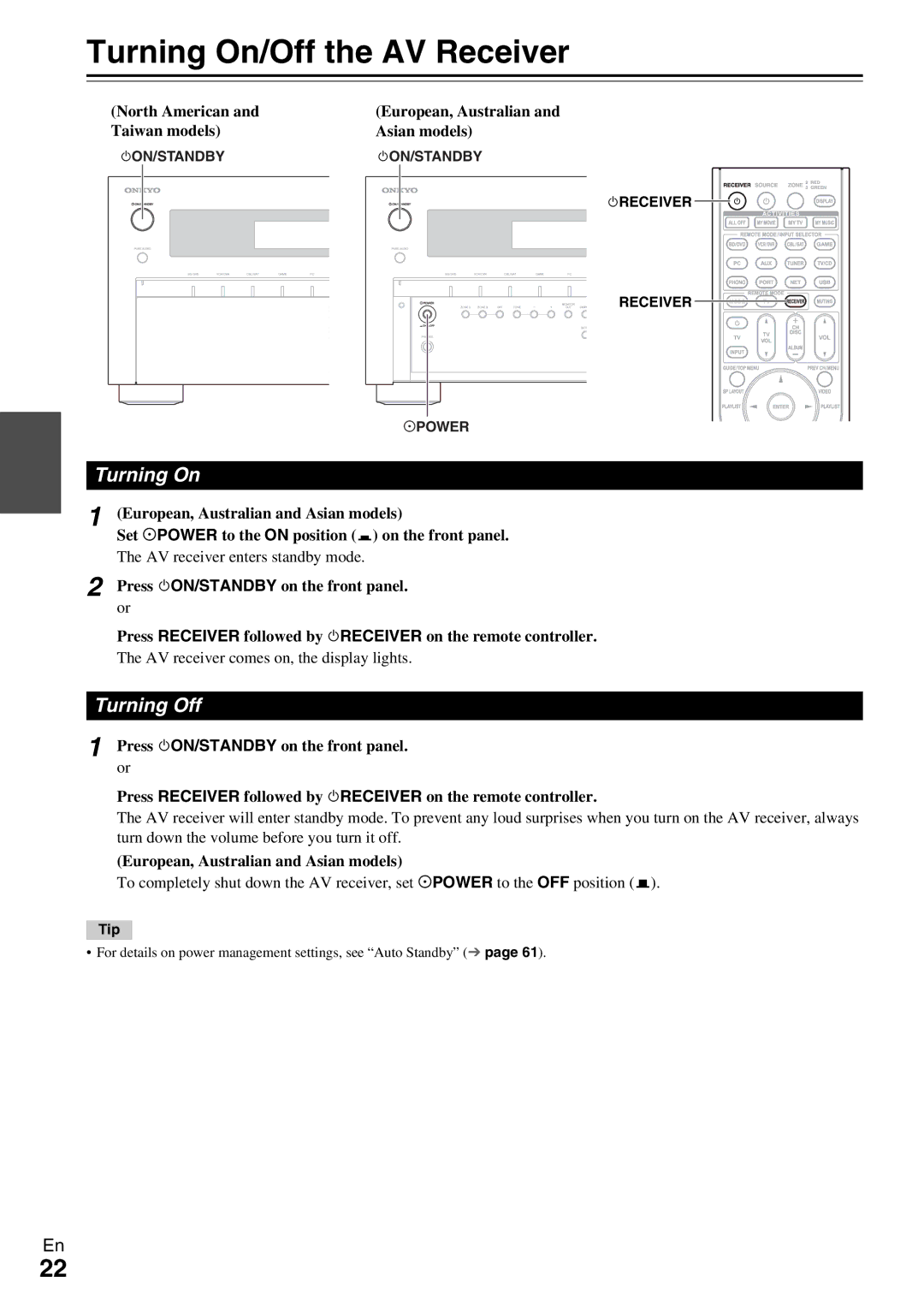 Onkyo TX-NR809 instruction manual Turning On/Off the AV Receiver, Turning Off, AV receiver enters standby mode 