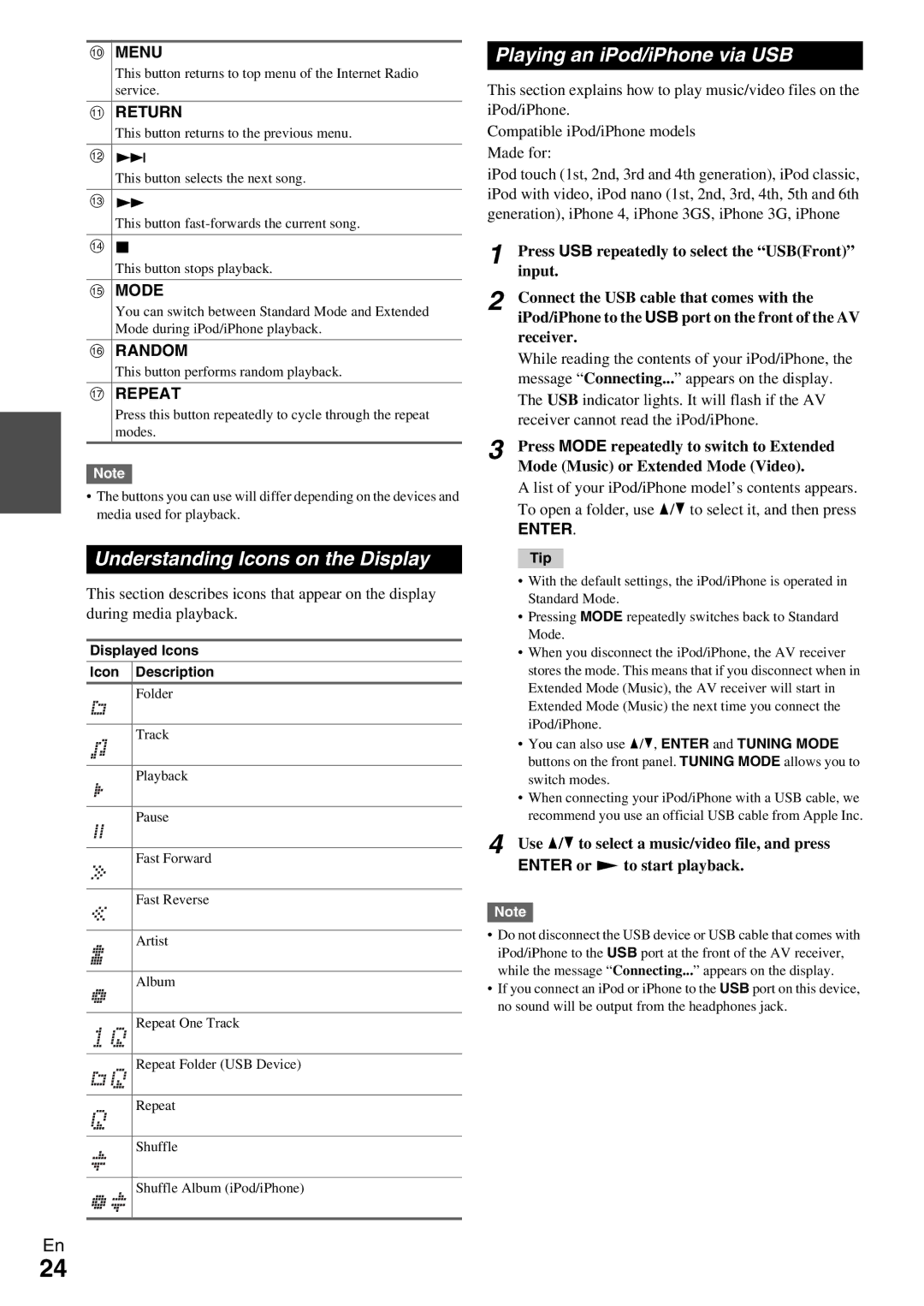 Onkyo TX-NR809 instruction manual Understanding Icons on the Display, Playing an iPod/iPhone via USB, Enter 