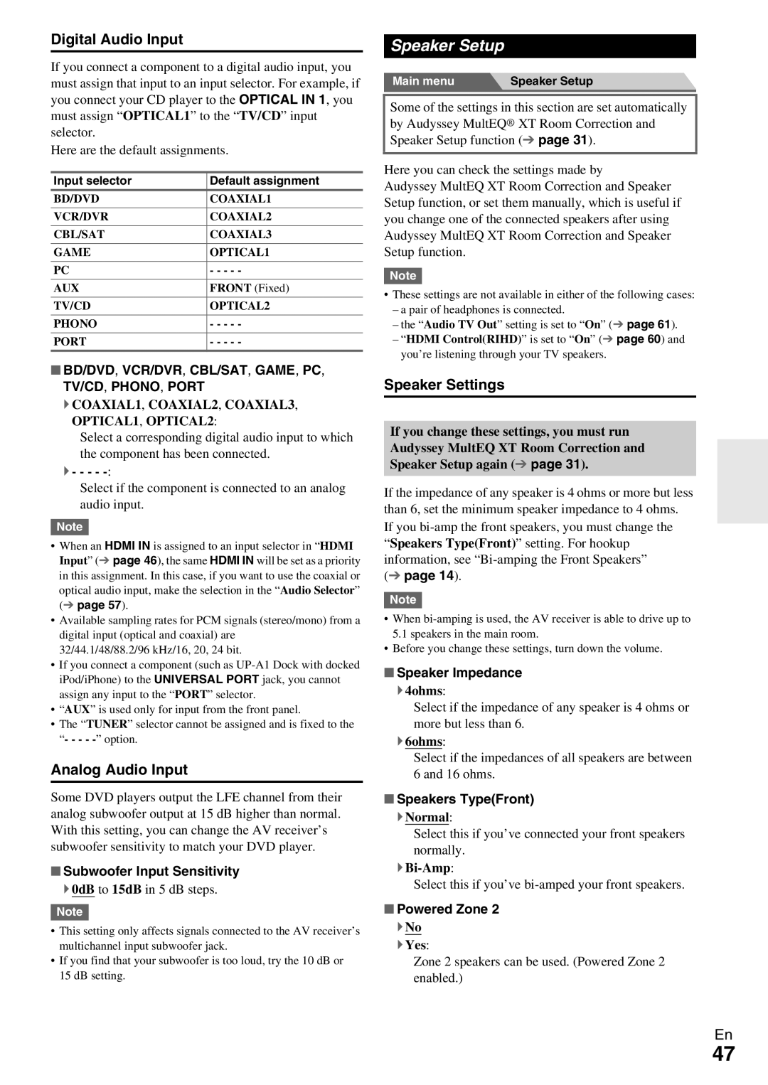 Onkyo TX-NR809 instruction manual Speaker Setup, Digital Audio Input, Analog Audio Input, Speaker Settings 