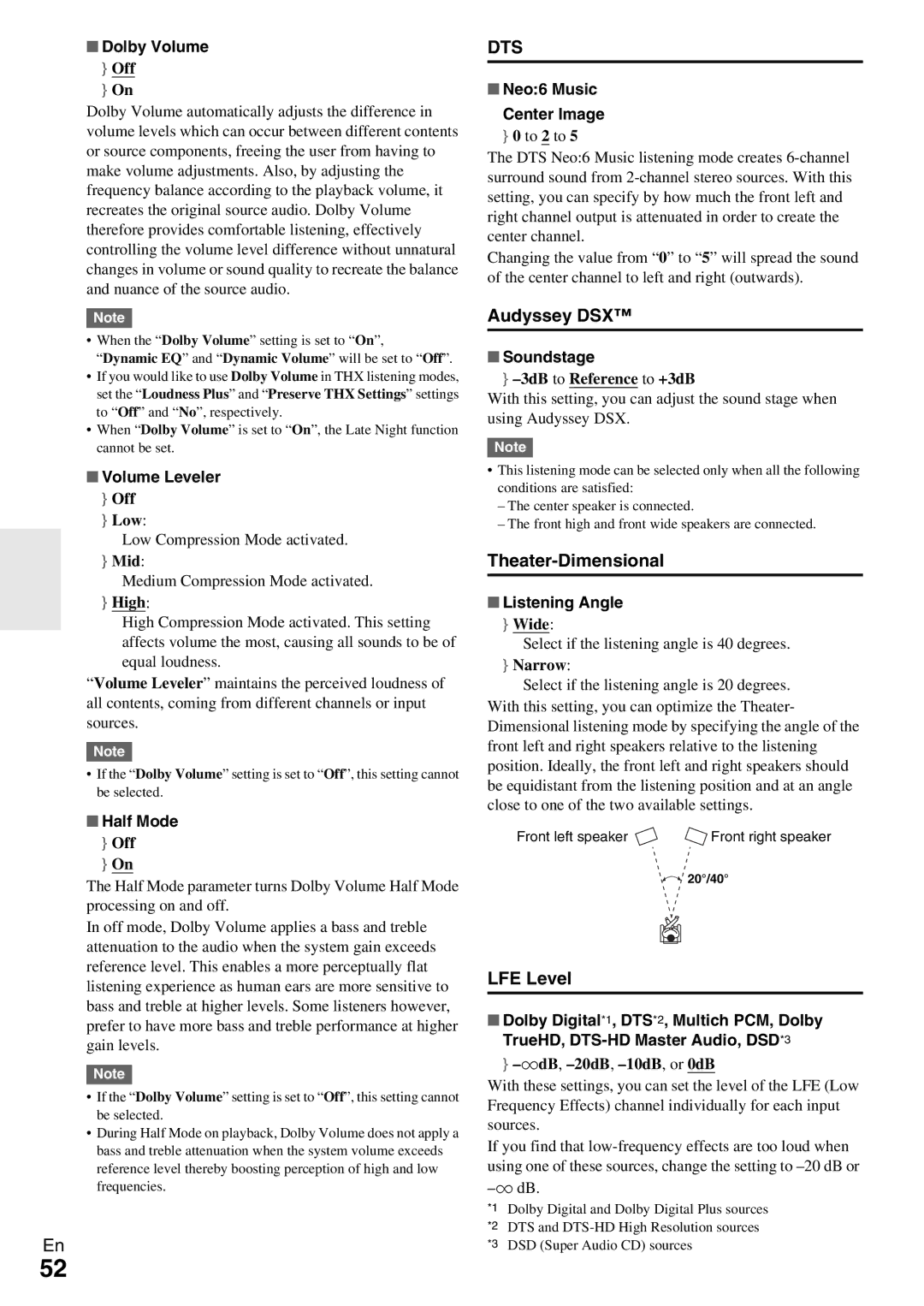 Onkyo TX-NR809 instruction manual Audyssey DSX, Theater-Dimensional, LFE Level 