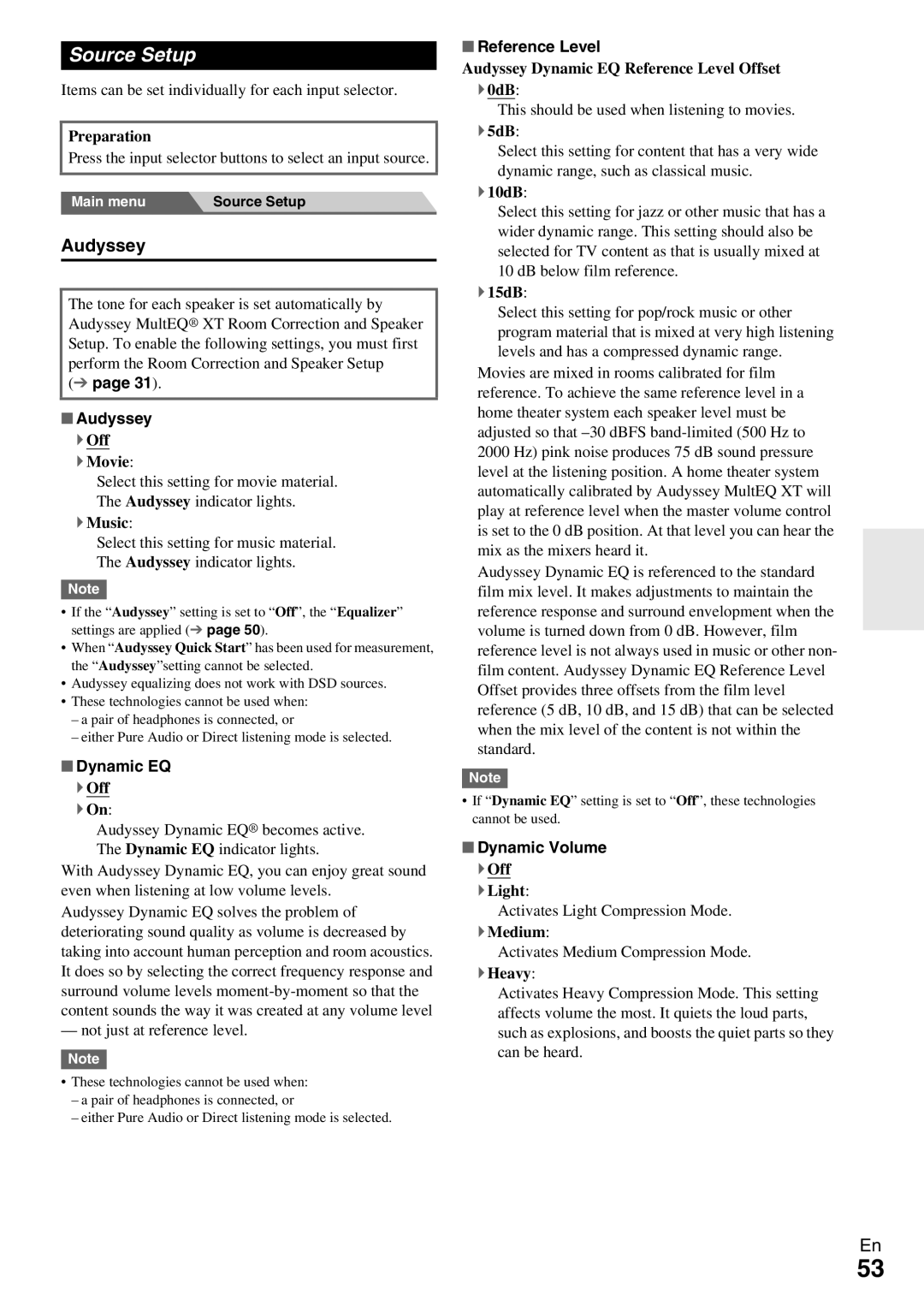 Onkyo TX-NR809 instruction manual Source Setup, Audyssey 