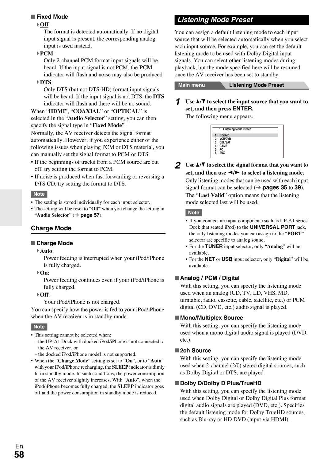 Onkyo TX-NR809 instruction manual Listening Mode Preset, Charge Mode 