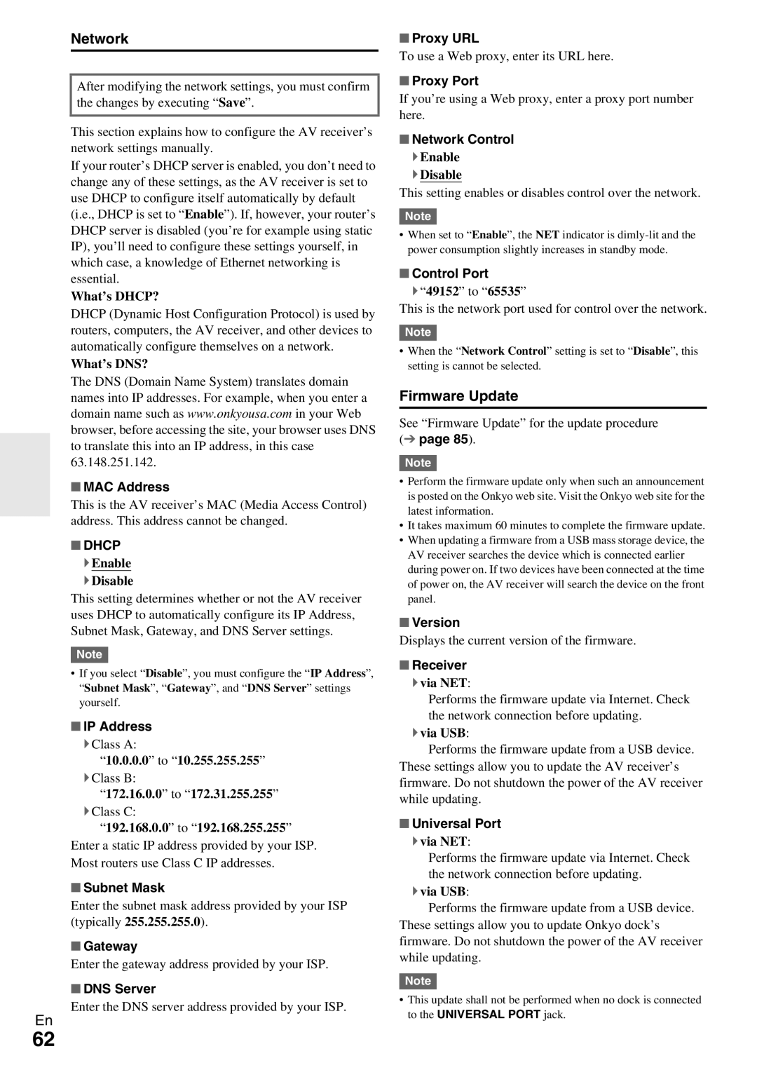 Onkyo TX-NR809 instruction manual Network, Firmware Update, Dhcp 