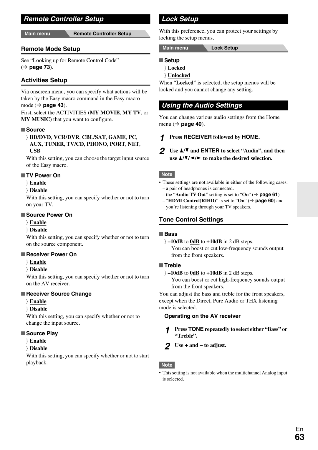 Onkyo TX-NR809 instruction manual Remote Controller Setup, Lock Setup, Using the Audio Settings 