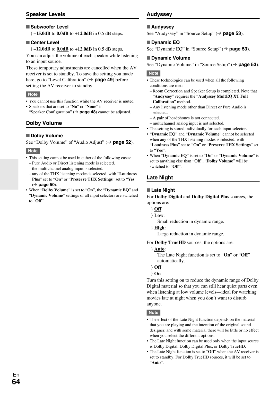 Onkyo TX-NR809 instruction manual Speaker Levels, Dolby Volume, Late Night 