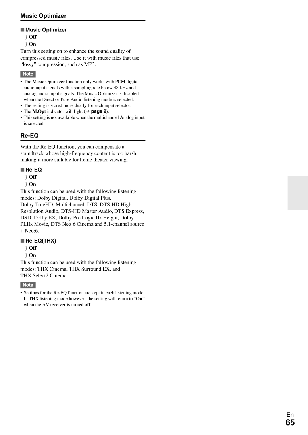 Onkyo TX-NR809 instruction manual Music Optimizer, Re-EQTHX 