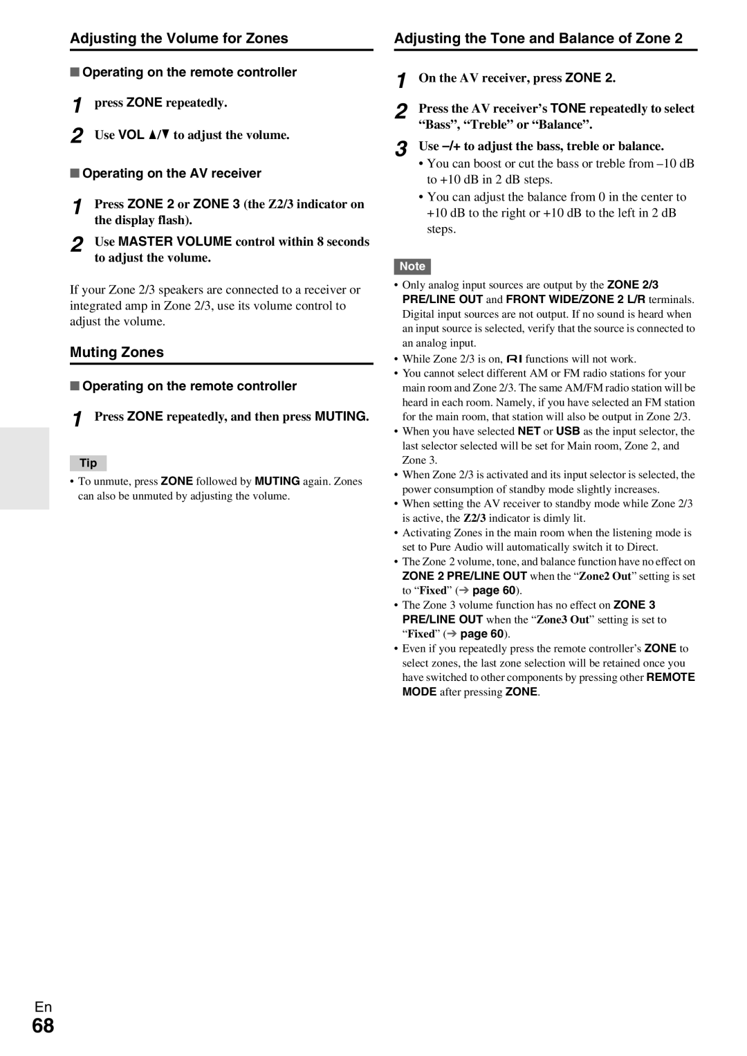 Onkyo TX-NR809 instruction manual Adjusting the Volume for Zones, Muting Zones, Adjusting the Tone and Balance of Zone 