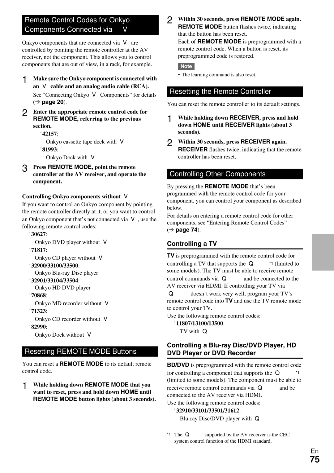 Onkyo TX-NR809 Remote Control Codes for Onkyo Components Connected via u, Resetting Remote Mode Buttons, Controlling a TV 