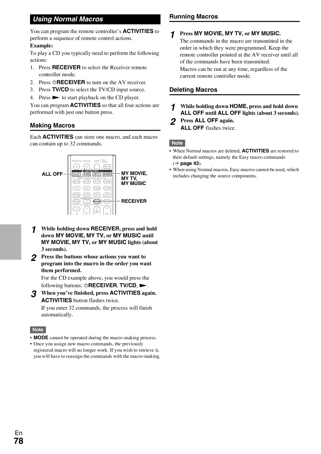 Onkyo TX-NR809 instruction manual Using Normal Macros, Making Macros, Running Macros, Deleting Macros 