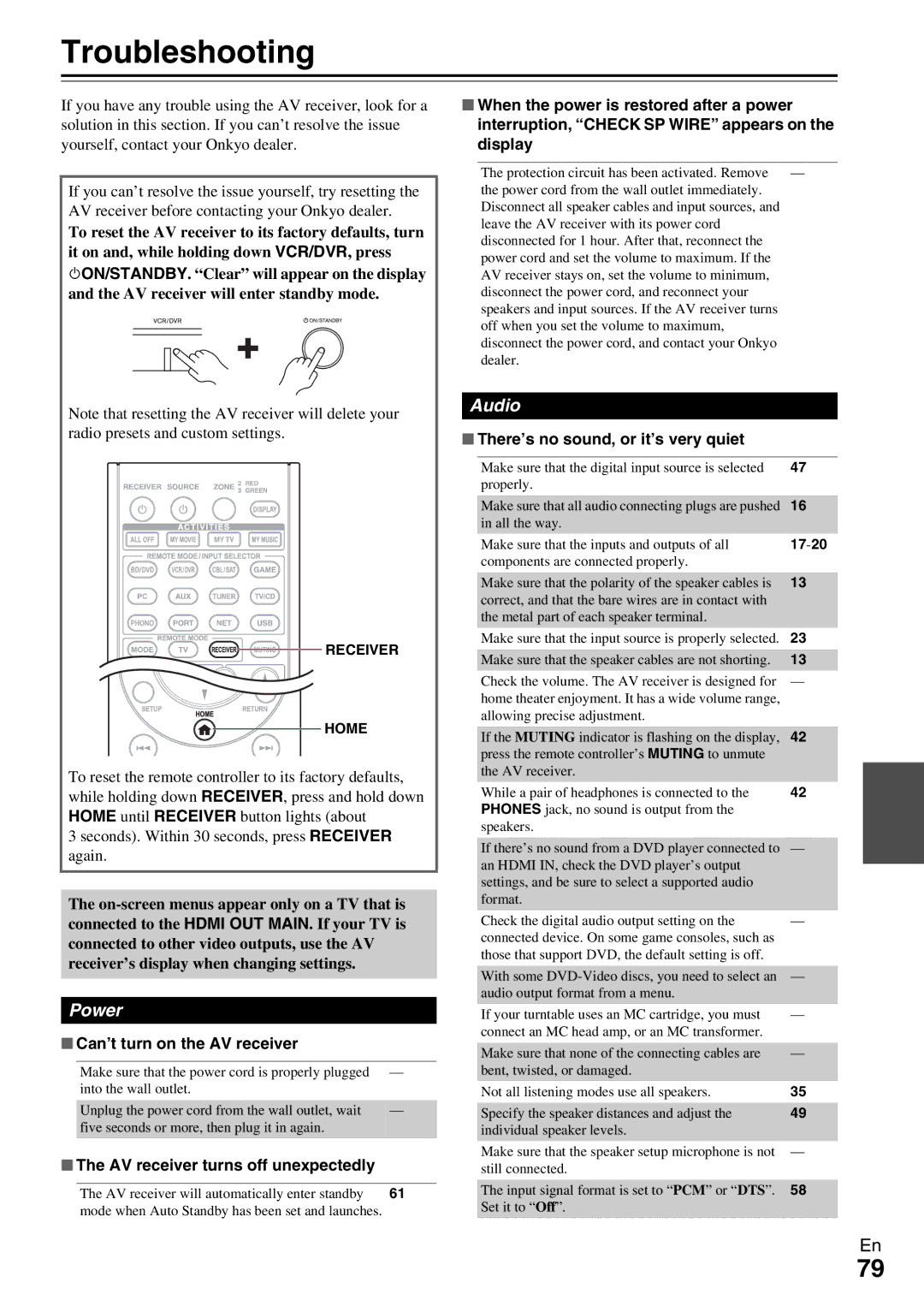 Onkyo TX-NR809 instruction manual Troubleshooting, Power, Audio 