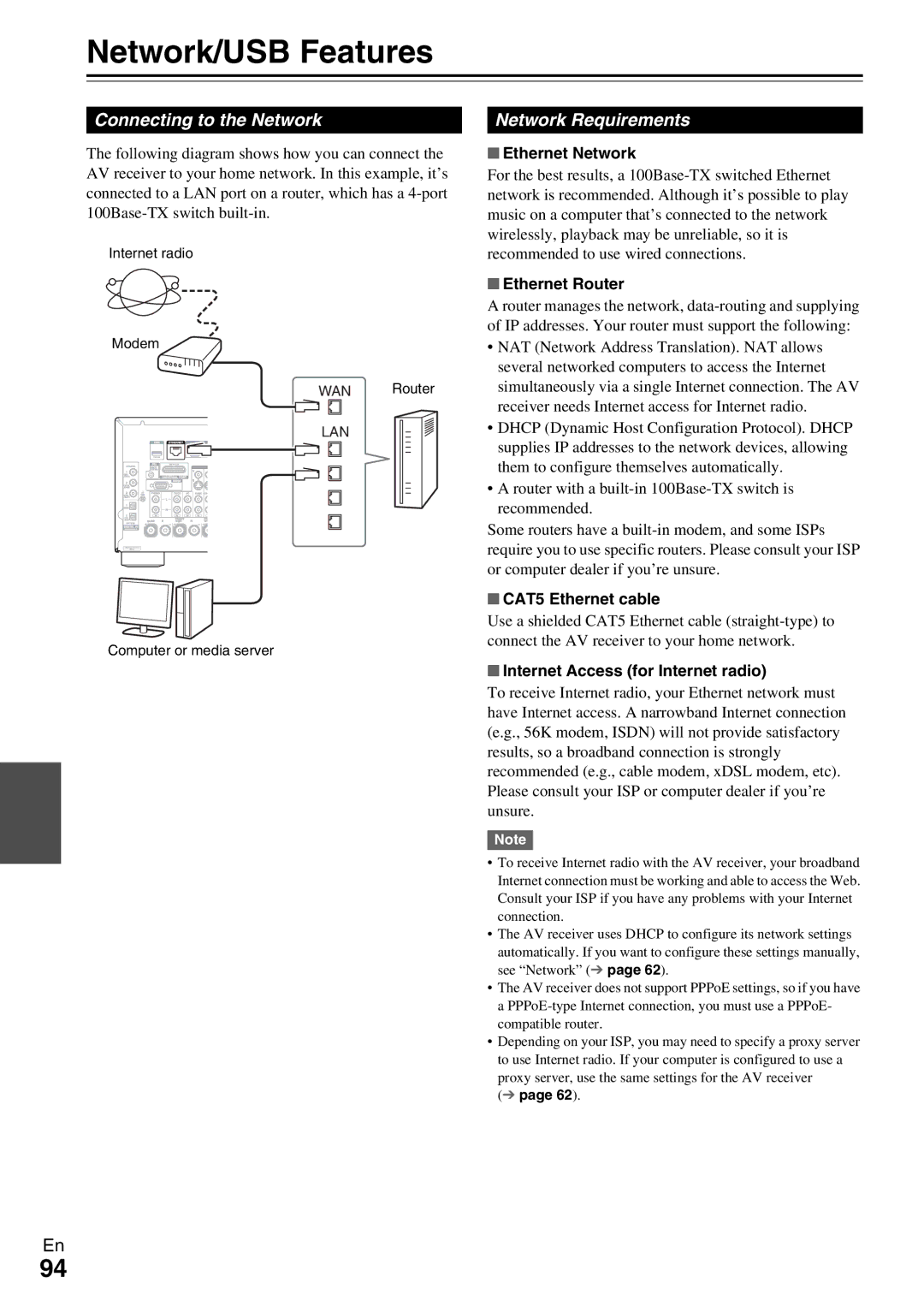 Onkyo TX-NR809 instruction manual Network/USB Features, Connecting to the Network, Network Requirements 