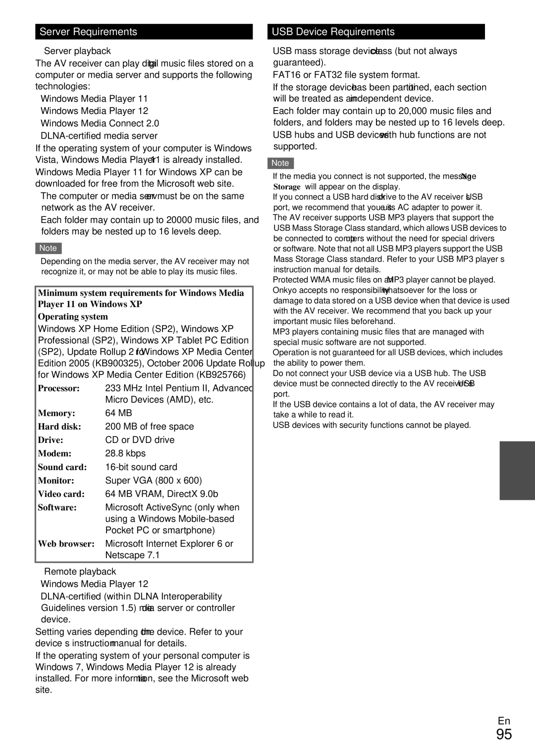 Onkyo TX-NR809 instruction manual Server Requirements, USB Device Requirements, Server playback, Remote playback 