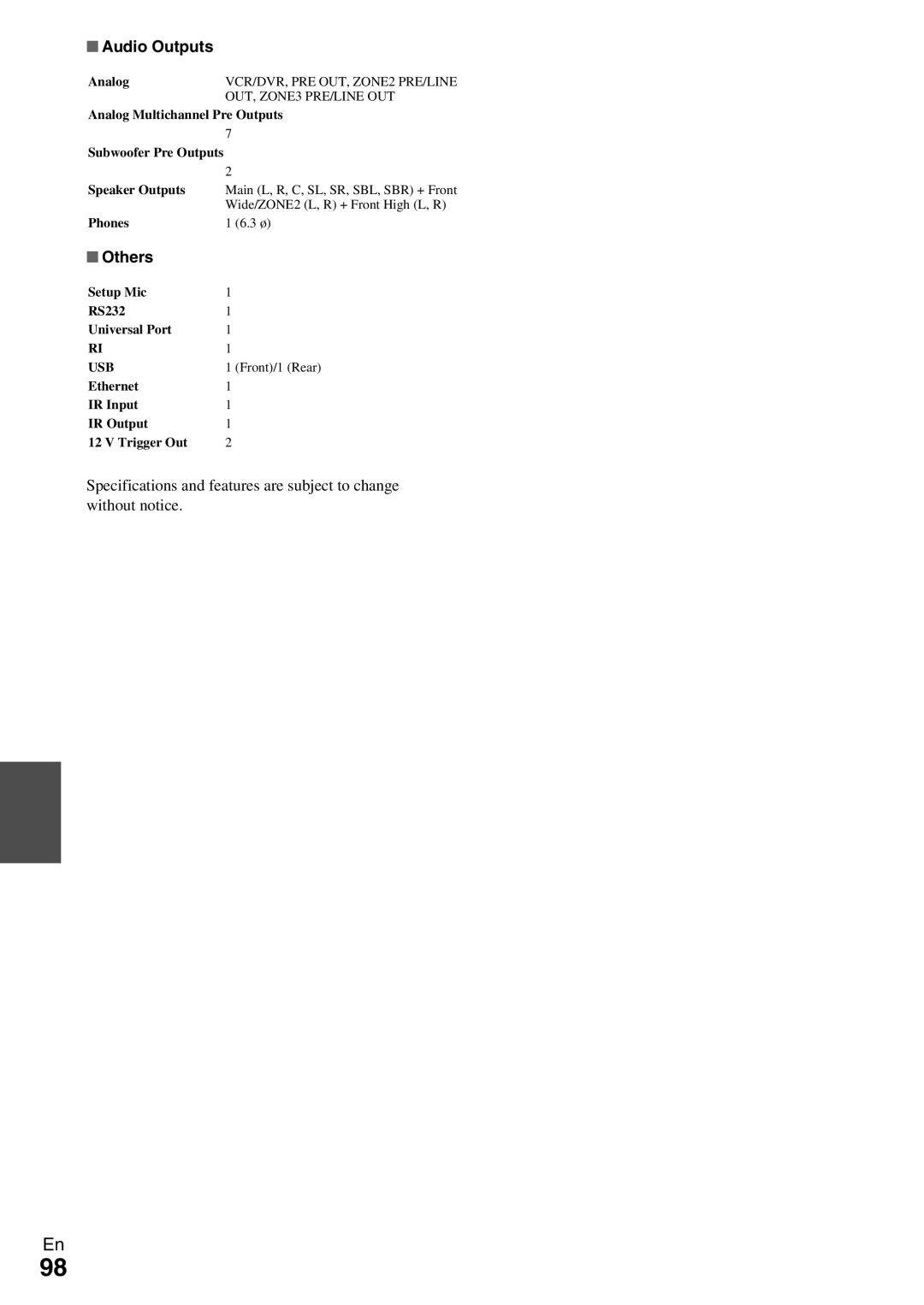 Onkyo TX-NR809 instruction manual Audio Outputs, Others 