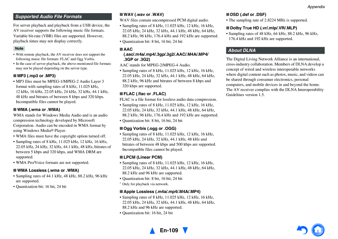 Onkyo TX-NR818 instruction manual En-109, Supported Audio File Formats, About Dlna 