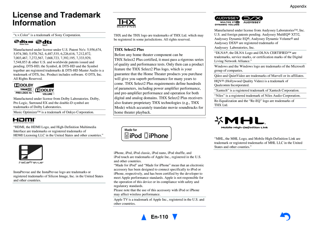 Onkyo TX-NR818 instruction manual License and Trademark Information, En-110, THX Select2 Plus 