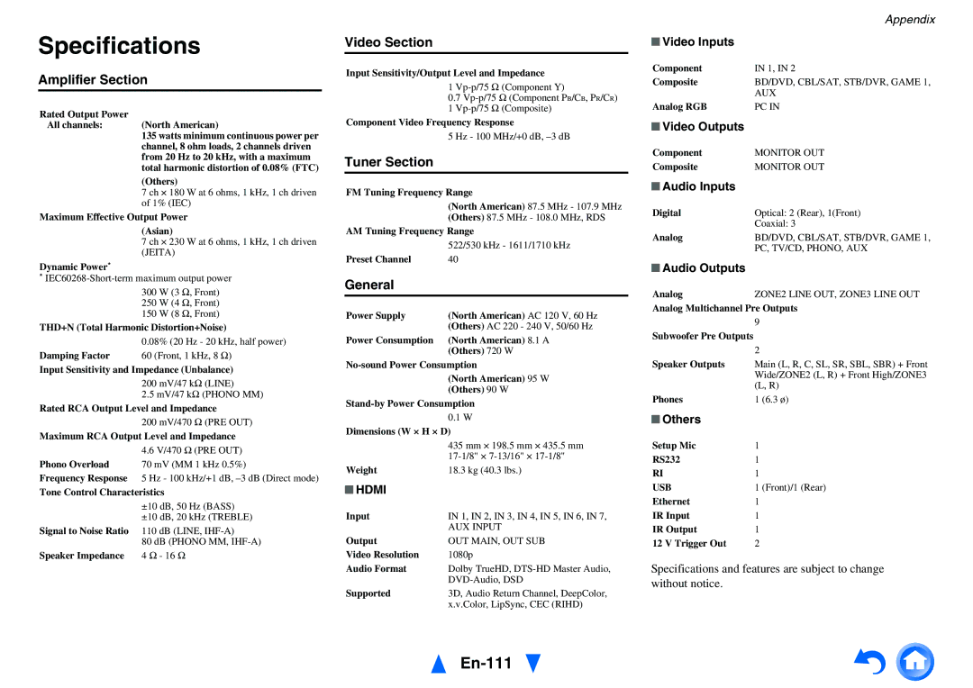 Onkyo TX-NR818 instruction manual Specifications, En-111 