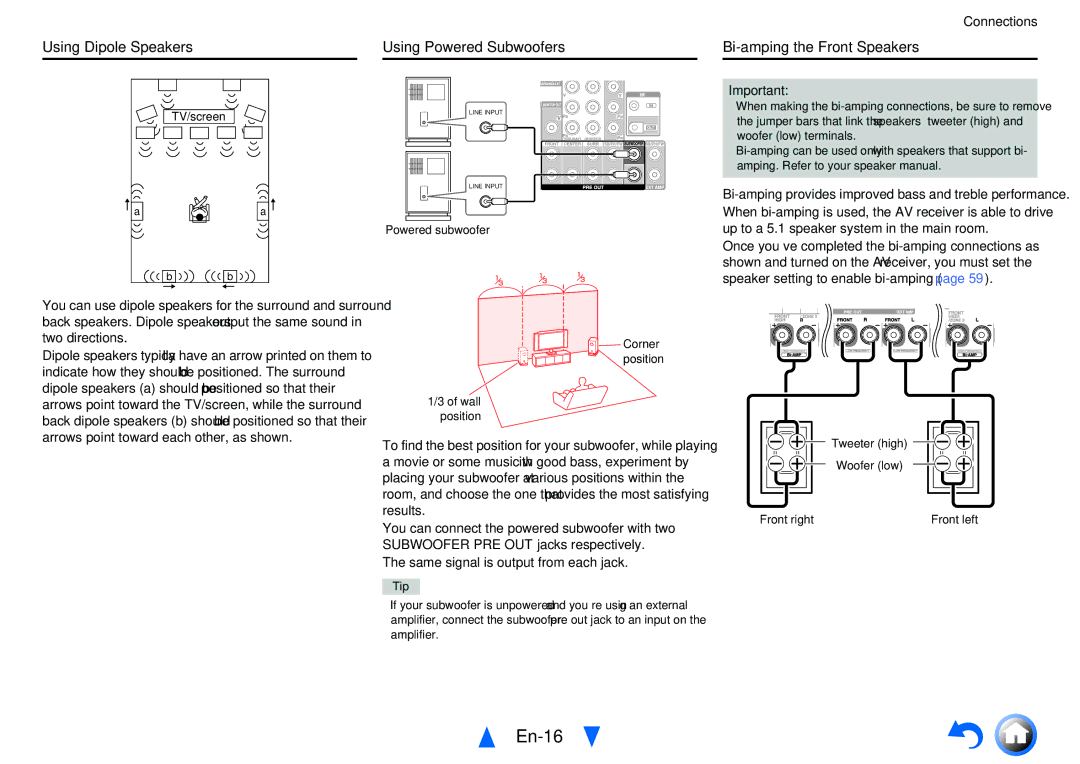 Onkyo TX-NR818 instruction manual En-16, Using Dipole Speakers, Using Powered Subwoofers, Bi-amping the Front Speakers 