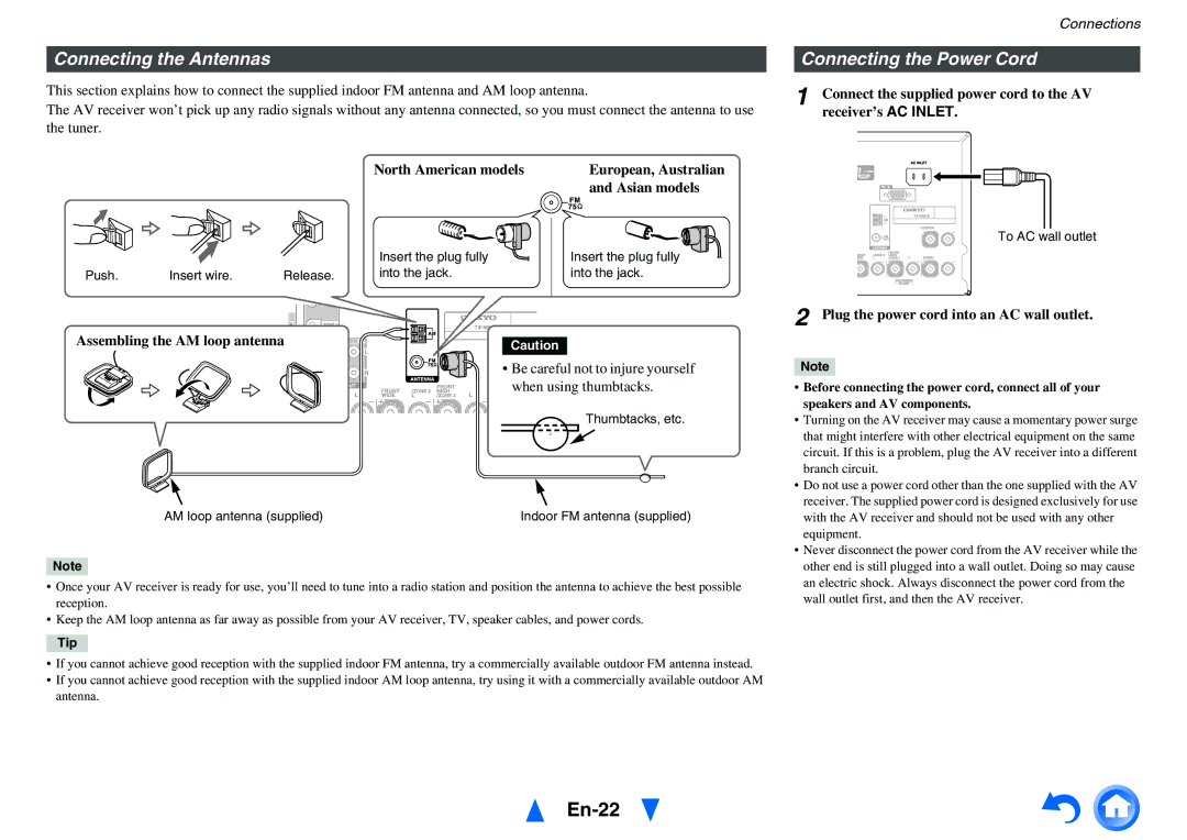 Onkyo TX-NR818 instruction manual En-22, Connecting the Antennas, Connecting the Power Cord 