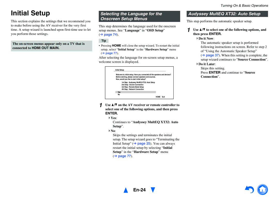 Onkyo TX-NR818 Initial Setup, En-24, Selecting the Language for the Onscreen Setup Menus, Audyssey MultEQ XT32 Auto Setup 