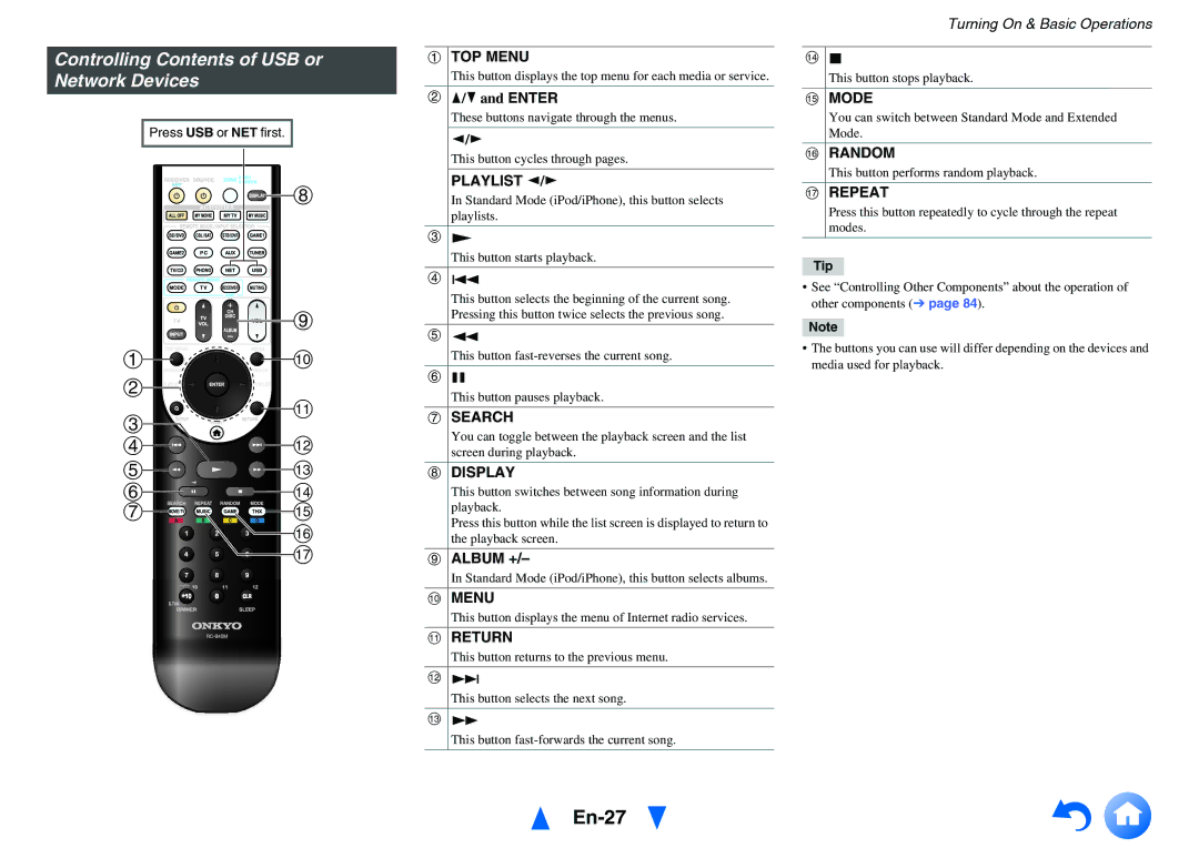 Onkyo TX-NR818 instruction manual En-27, Controlling Contents of USB or Network Devices 